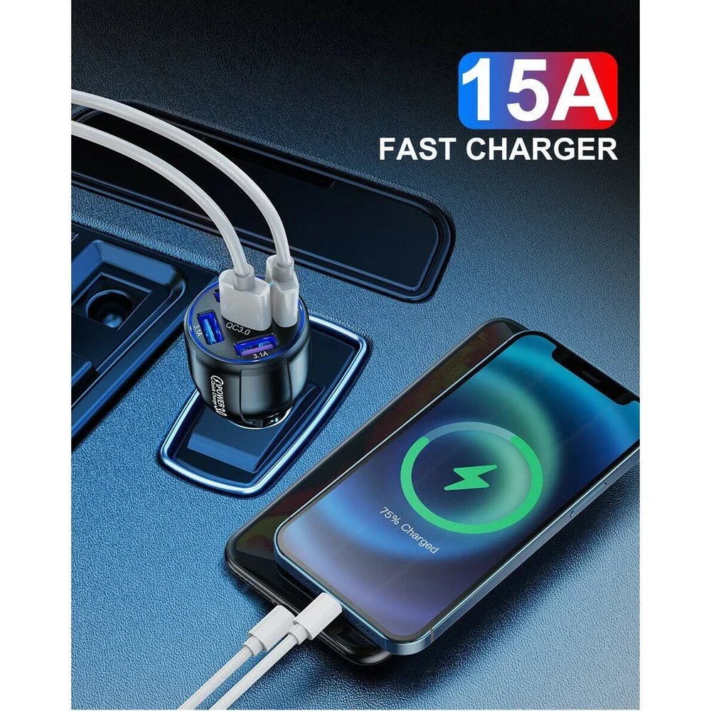 PBG 5 Port LED Car Charger and 4 in 1 Nylon 4 FT Charging Cable Bundle - Picture 5 of 10